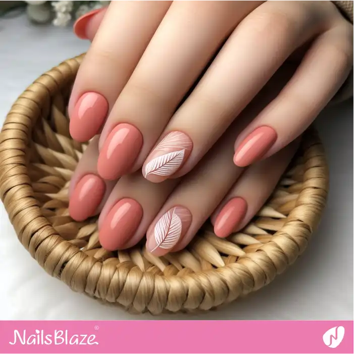 Peach Fuzz Nails with Leaf Accent Nail Art | Nature-inspired Nails - NB1662